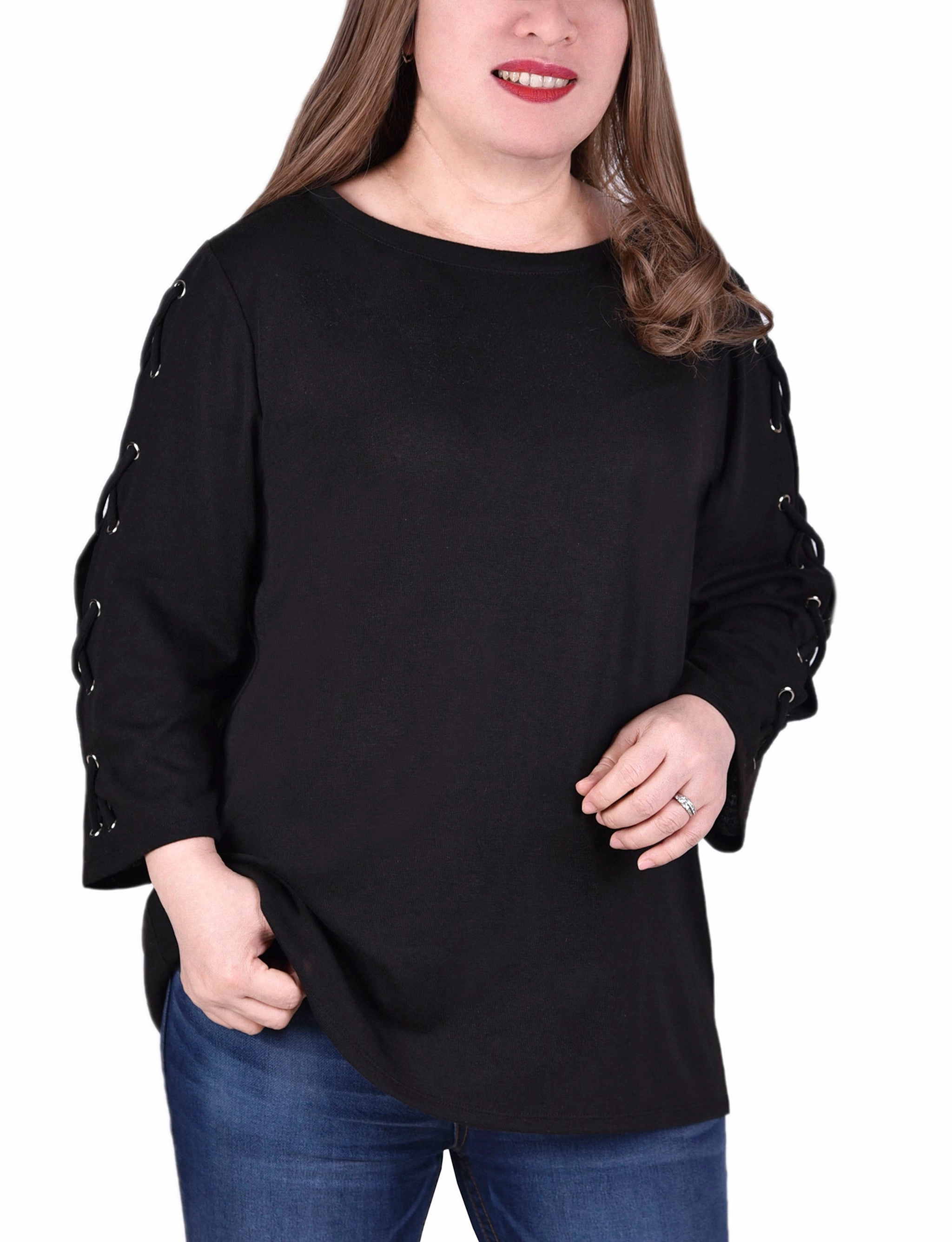 Plus Size Laced Sleeve Top Recycled Fiber Blend Stretch Waistband Design