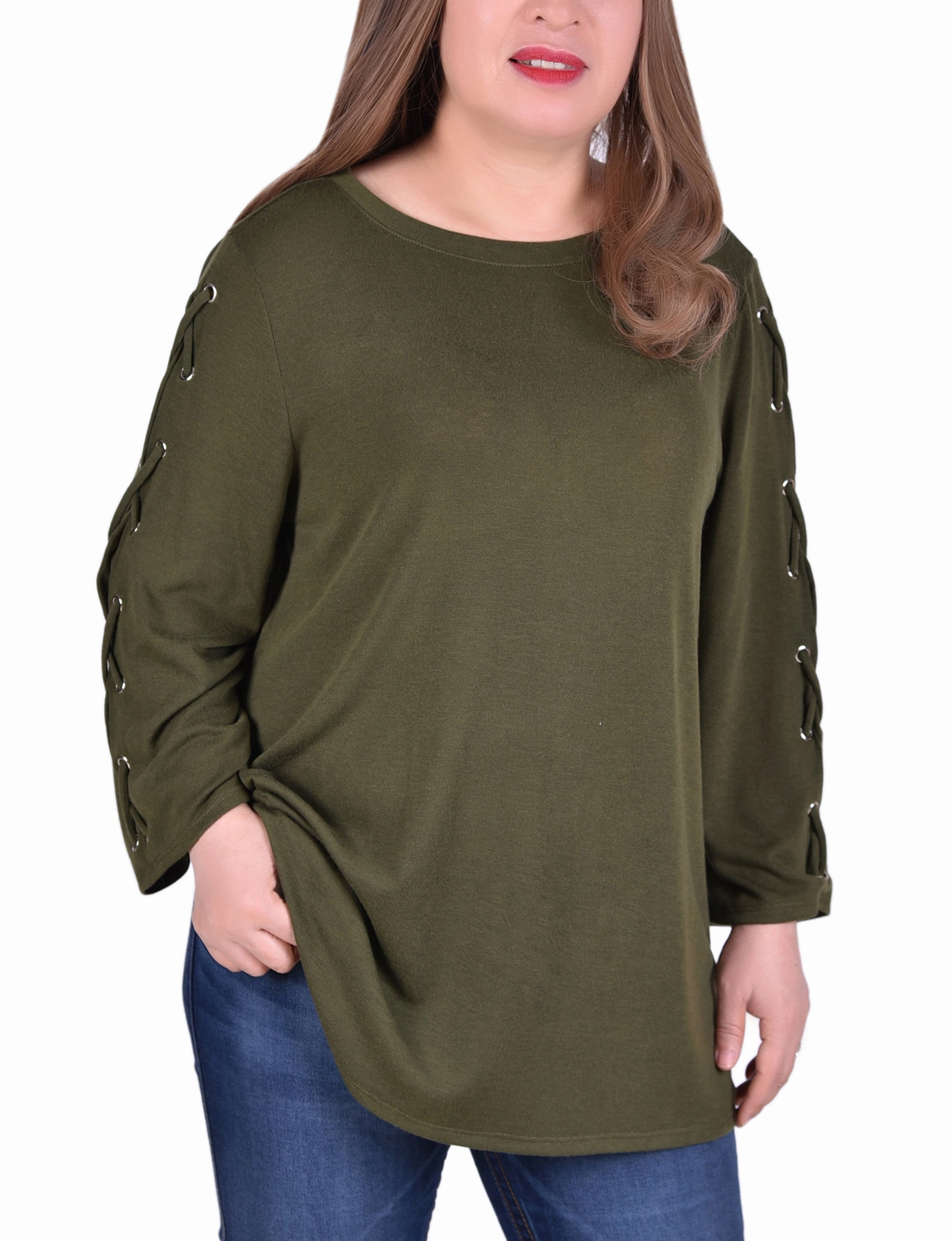 FlexibleWaistband Plus Size Laced Sleeve Top