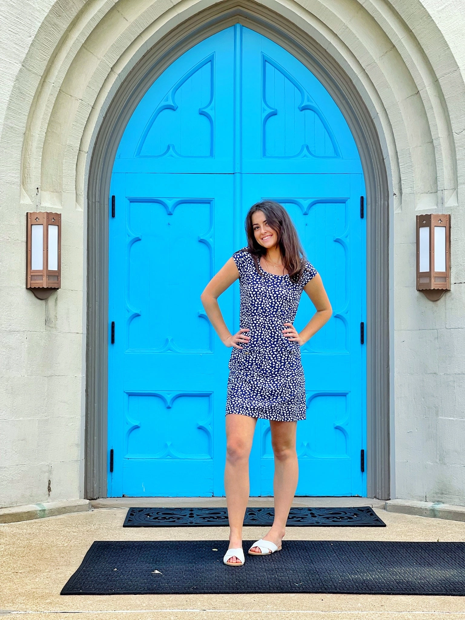 Feminine Line Modern Waist Design Charleston Cap Sleeve Dress Small Diana's Dot Navy