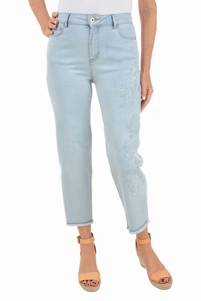 Embroidered Petunia Frayed Denim Ankle Pant Quick Comfort Fit