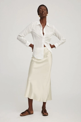Ivory Silk Bias Maxi Skirt Modern Tones Scalloped Edge