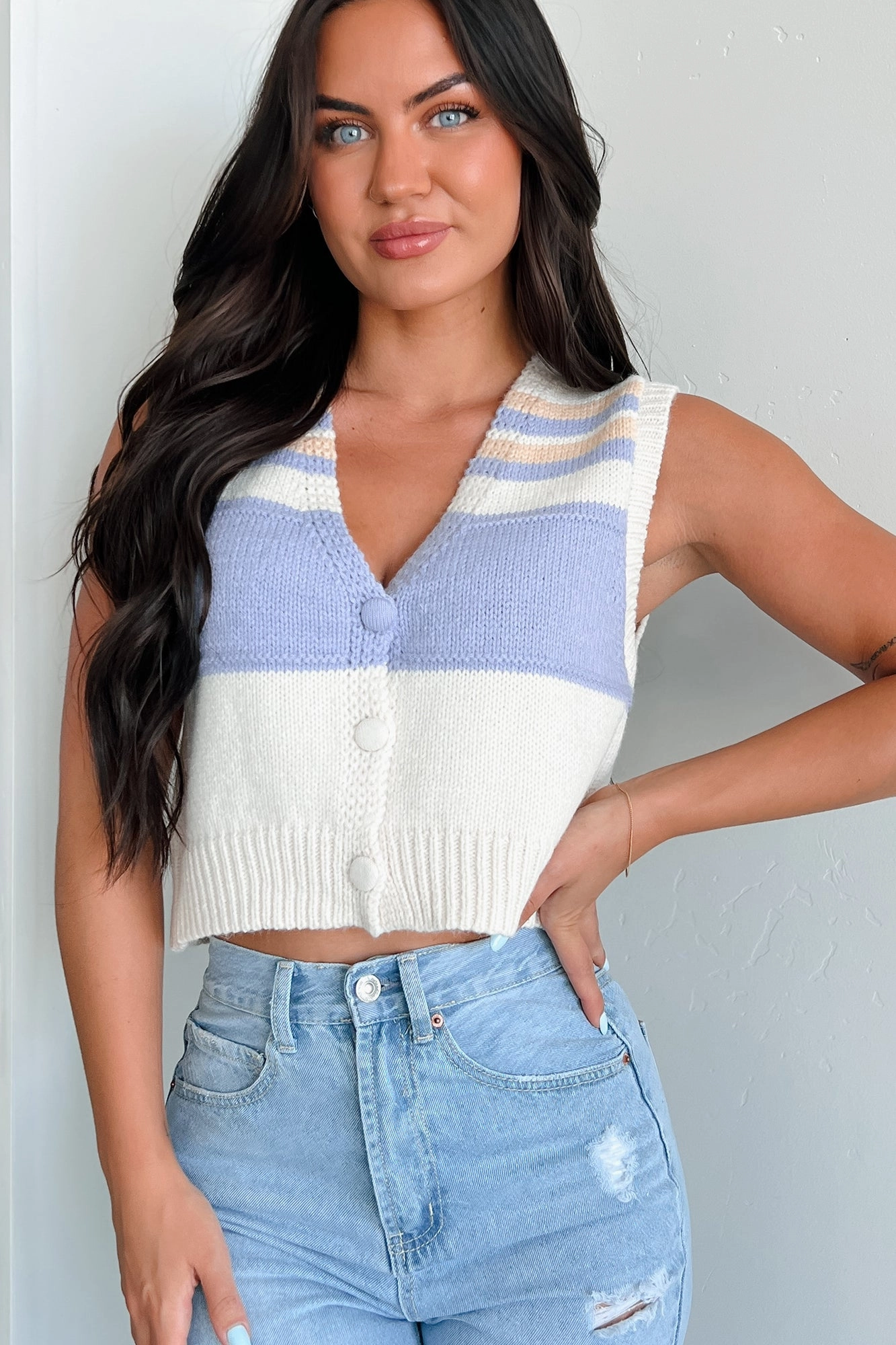 Play It Smart Colorblock Sweater Vest Top (Ivory/Lavender Multi) Multipurpose Design