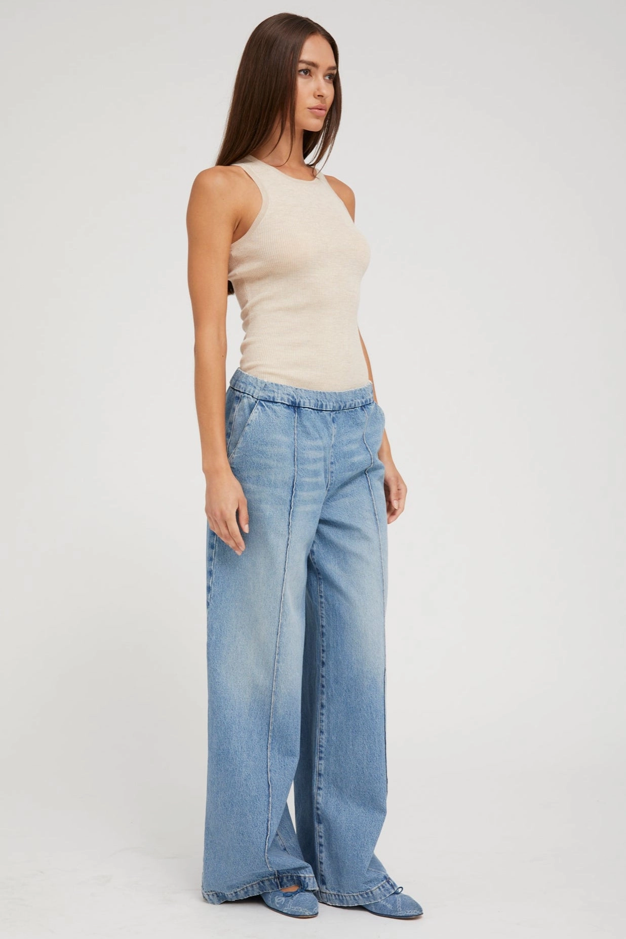 Paradis Denim Wide Leg Pintuck Pants Hot Weather Sustainable Manufacturing Process