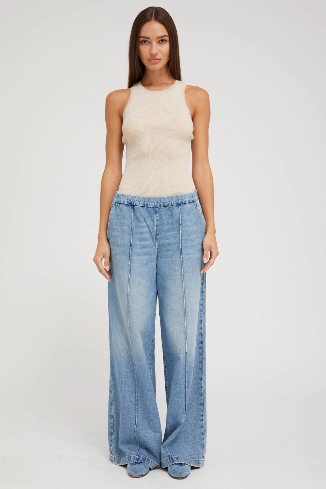 Layered Hem Reinforcement High Stretch Fabric Paradis Denim Wide Leg Pintuck Pants