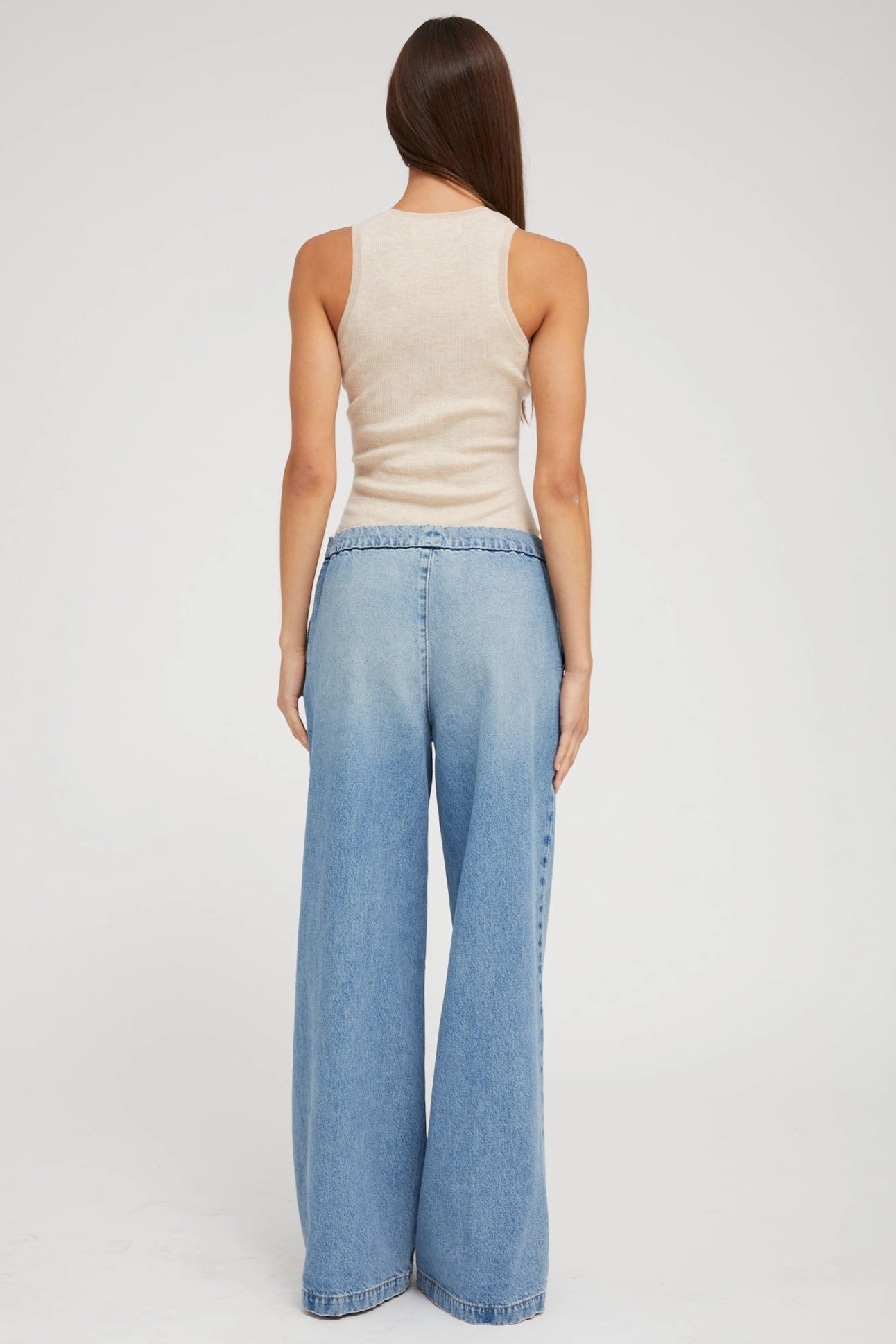 Paradis Denim Wide Leg Pintuck Pants Multipanel Construction