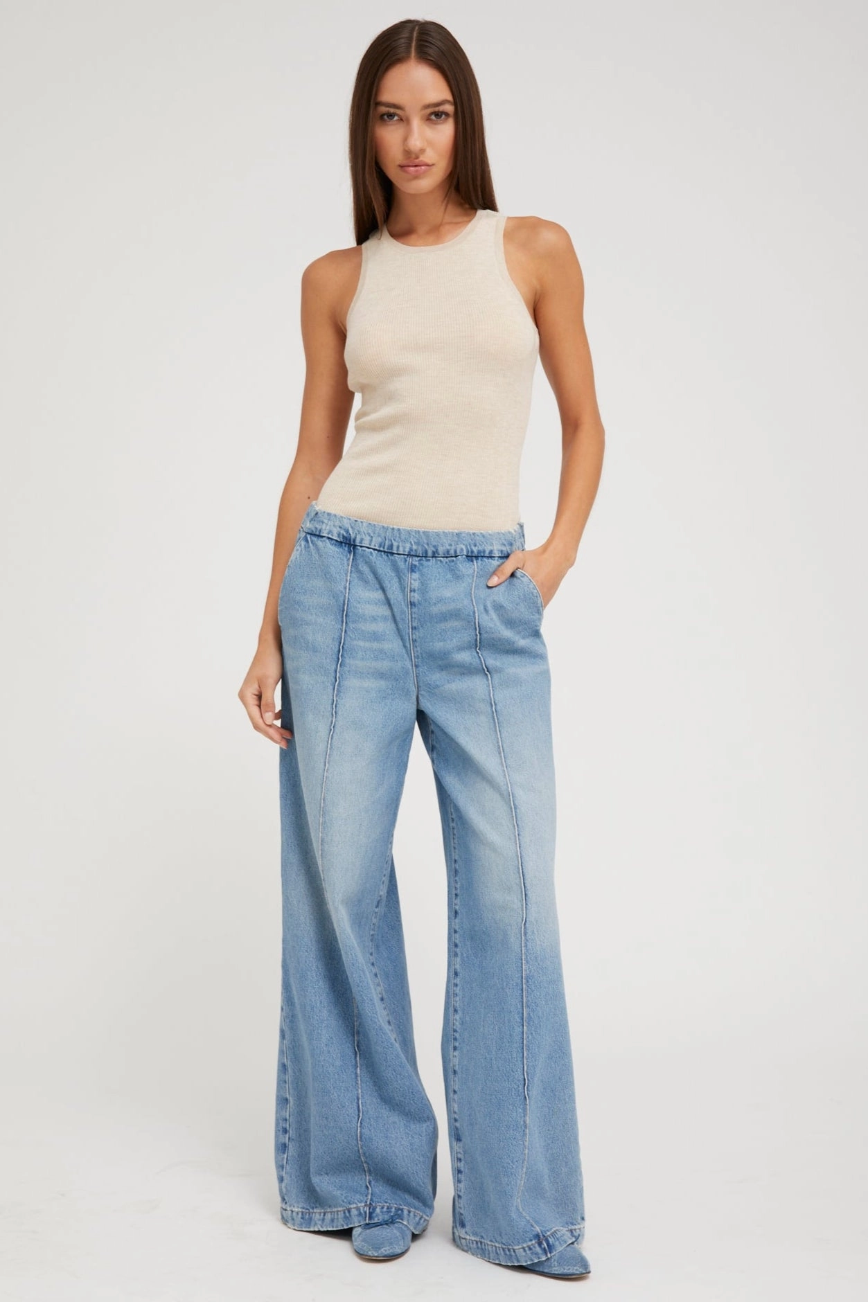 Paradis Denim Wide Leg Pintuck Pants Summer Sweater