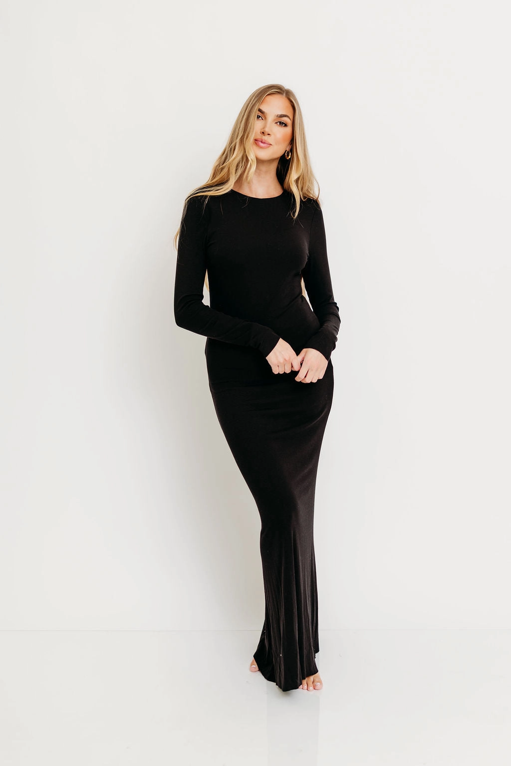 Cru Tiny Ribbed Maxi Dress in Black - Bump Friendly Sleek Waist Design Fit NonChafeSeams