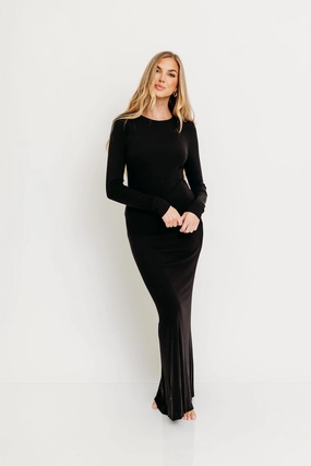 All-Purpose Comfort Field Fresh Cru Tiny Ribbed Maxi Dress in Black - Bump Friendly