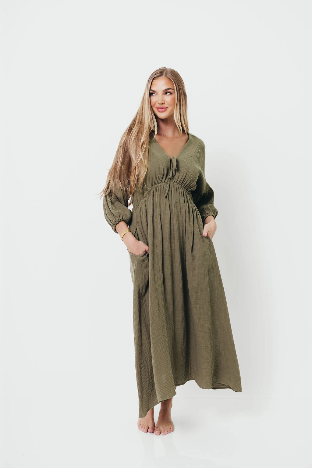 Hunter 100% Cotton Gauze Midi Dress in Green - Bump Friendly Chill Design Stylish and Simple