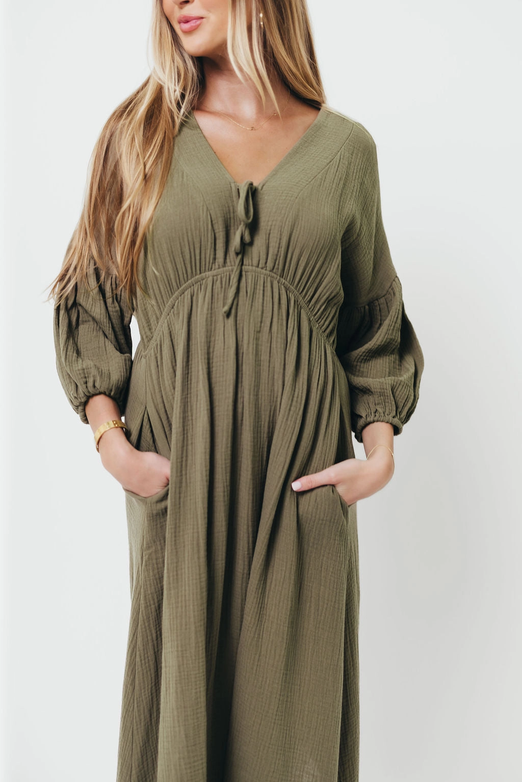 Hunter 100% Cotton Gauze Midi Dress in Green - Bump Friendly Shiny Zip