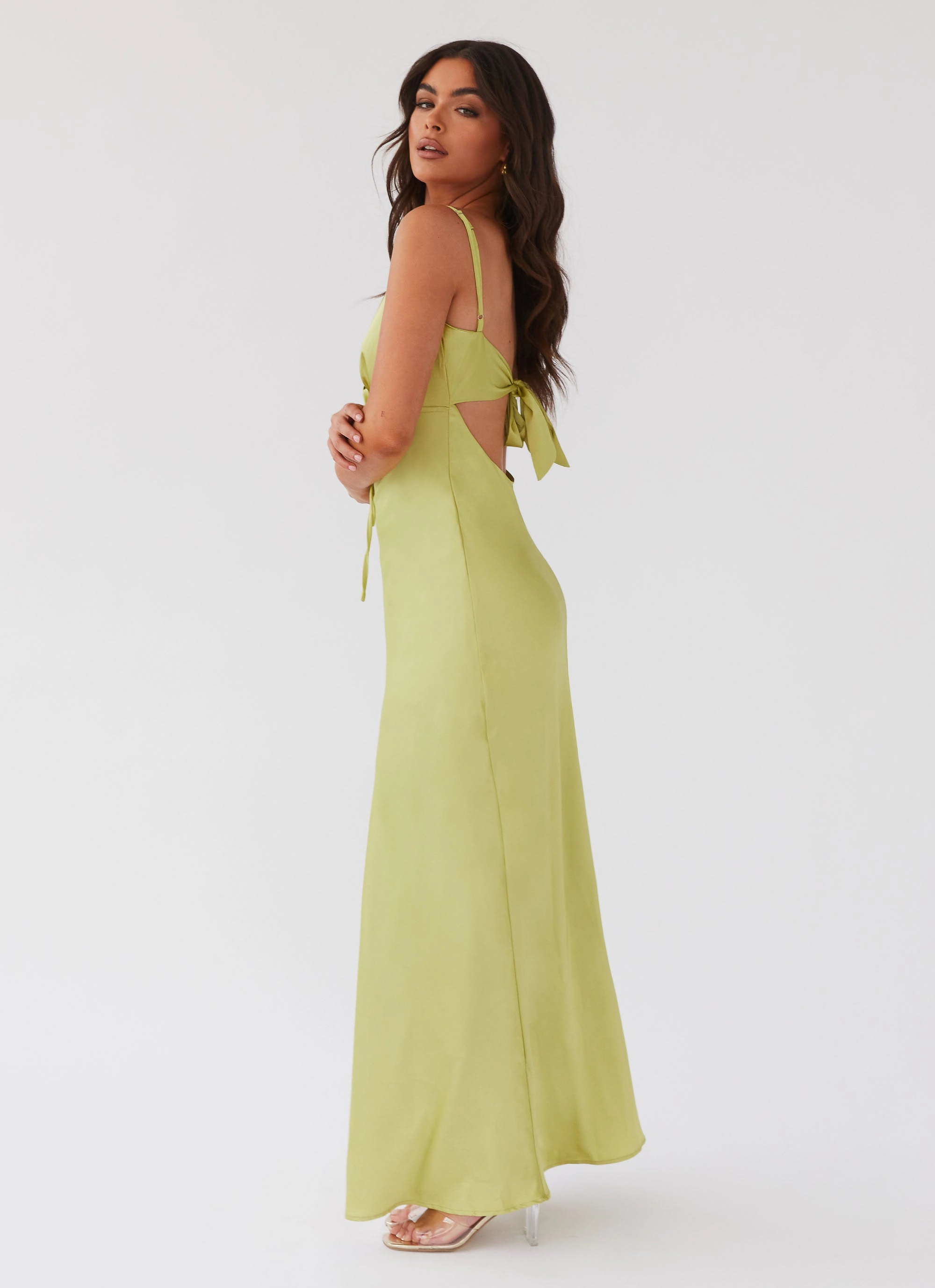Chilly Comfort Wear Bow-Detail Flora Satin Maxi Dress - Green Expectations