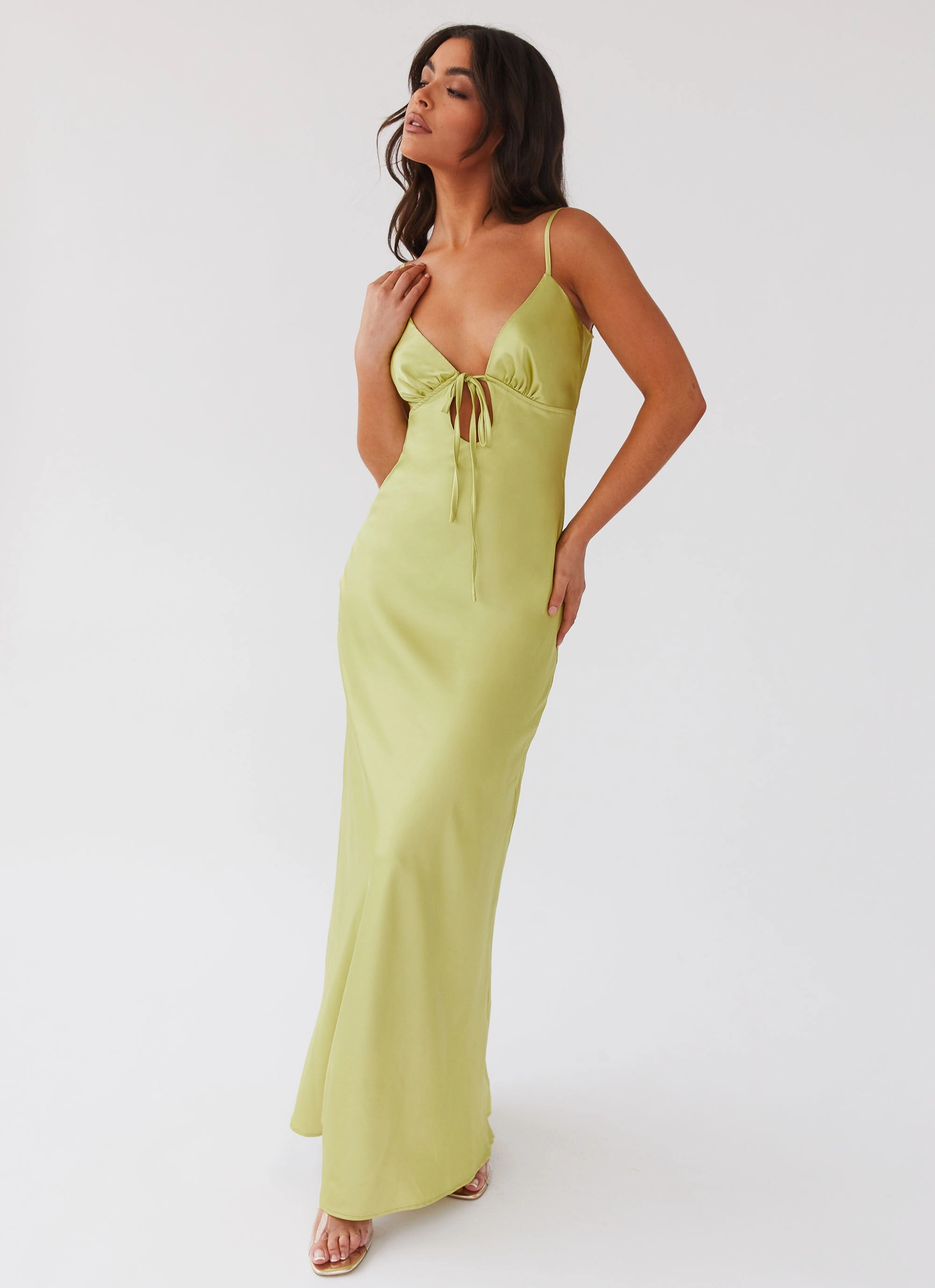 Flora Satin Maxi Dress - Green Expectations Moment Glow Evening Chic