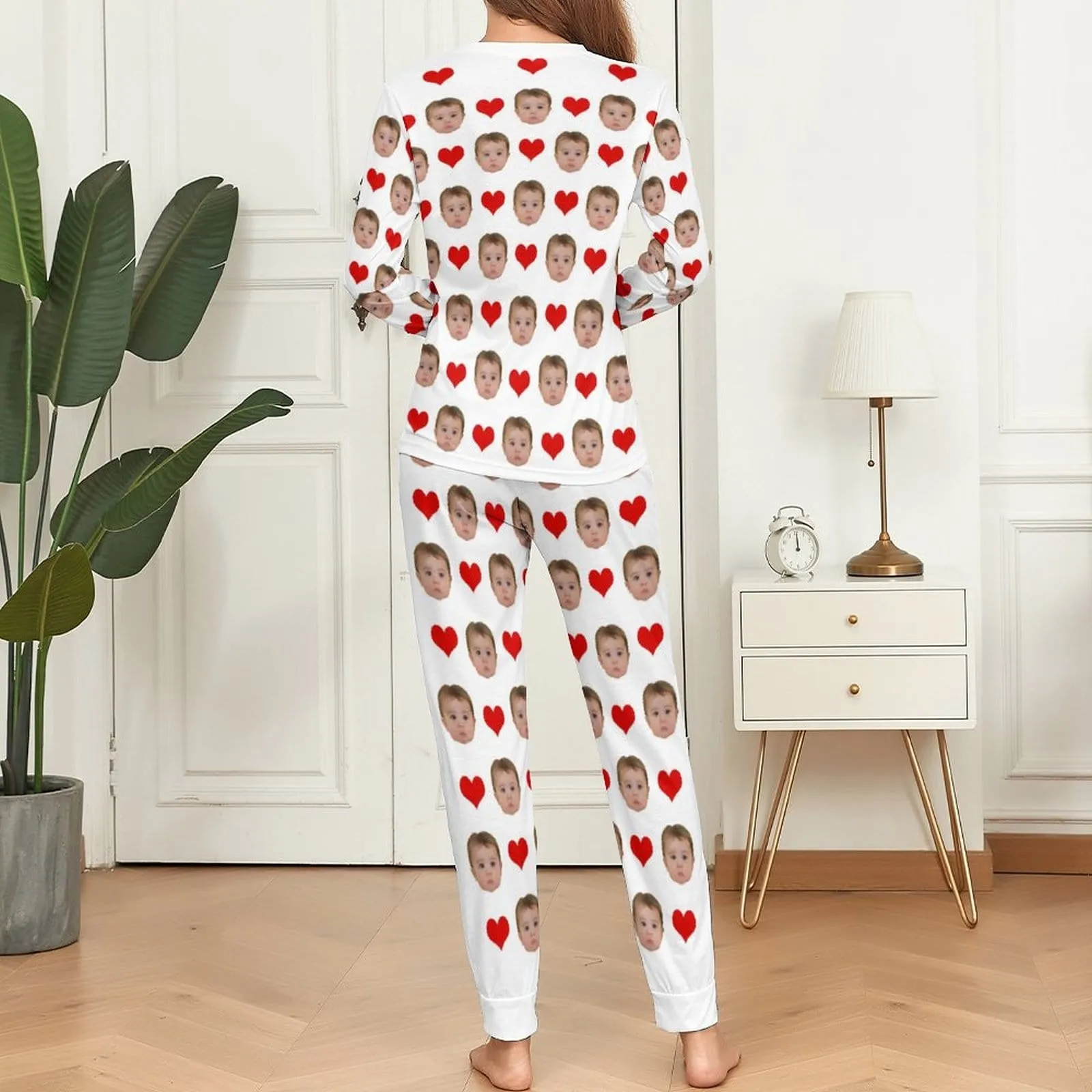 Custom Baby Face Pajamas Love Heart Sleepwear Personalized Women's Slumber Party Crewneck Long Pajamas Set