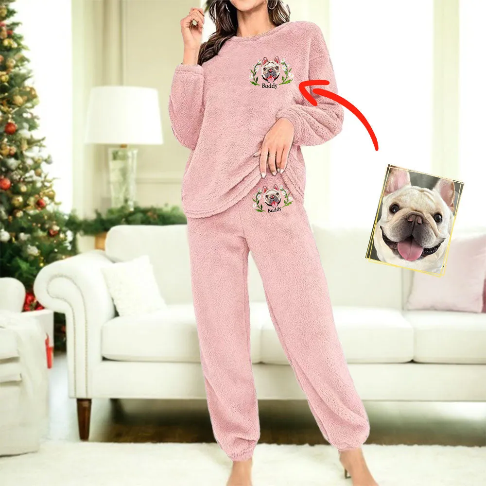 Custom Dog Face Embroidered Flannel Pajamas Set for Women