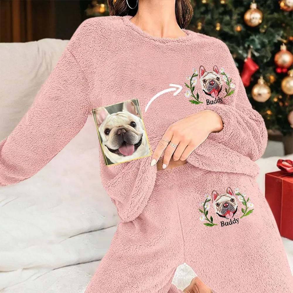 Custom Dog Face Embroidered Flannel Pajamas Set for Women
