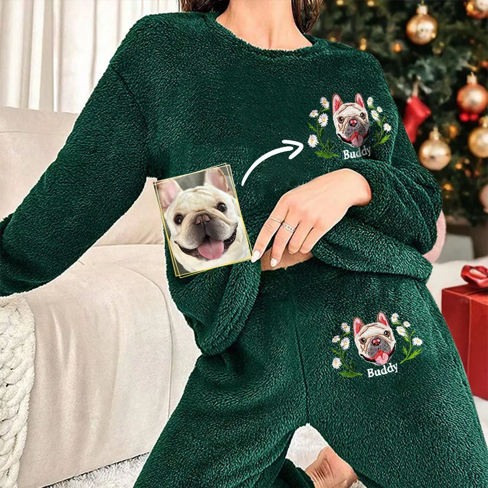 Custom Dog Face Embroidered Flannel Pajamas Set for Women
