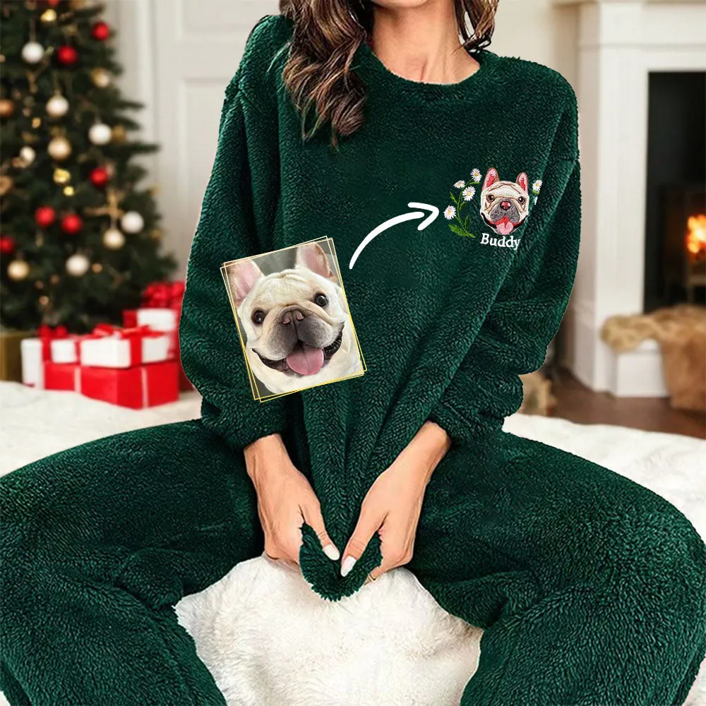 Custom Dog Face Embroidered Flannel Pajamas Set for Women