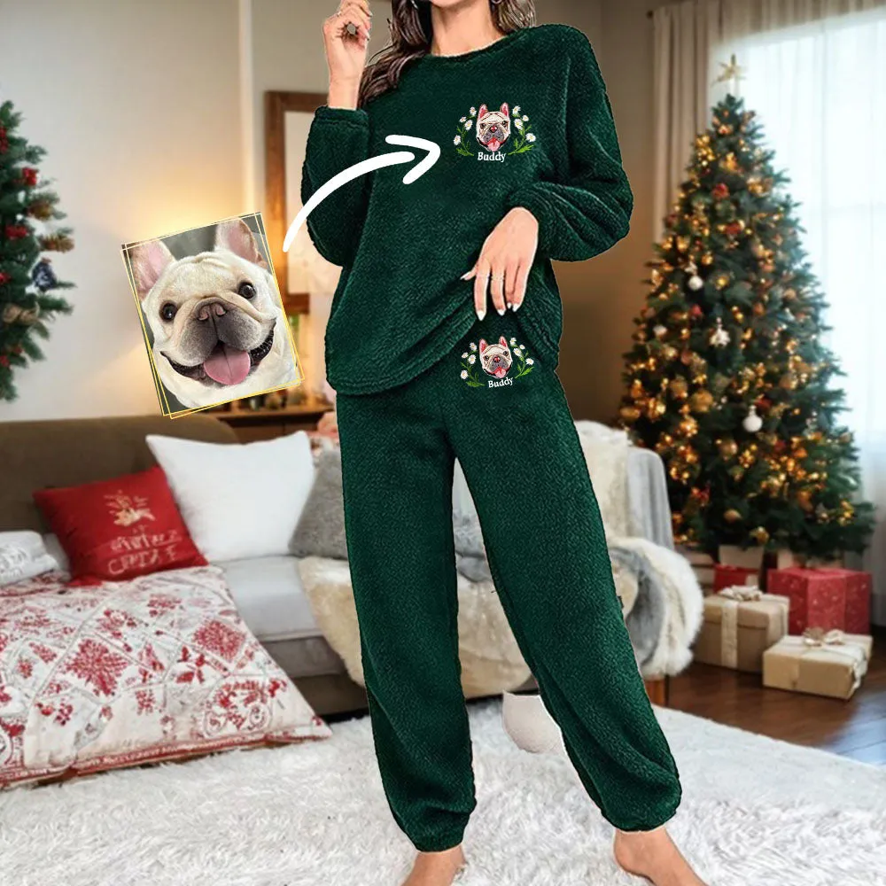 Custom Dog Face Embroidered Flannel Pajamas Set for Women