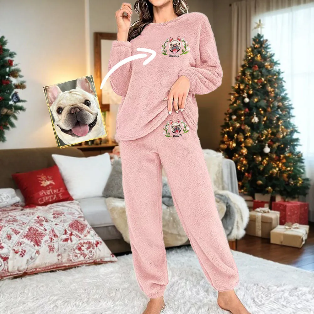 Custom Dog Face Embroidered Flannel Pajamas Set for Women