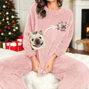 Custom Dog Face Embroidered Flannel Pajamas Set for Women