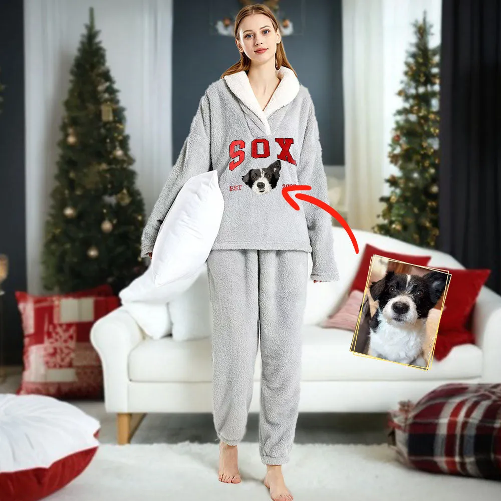 Custom Dog Flannel Pajamas Set with Pet's Face Personalized Embroidered Flannel Pajamas Set