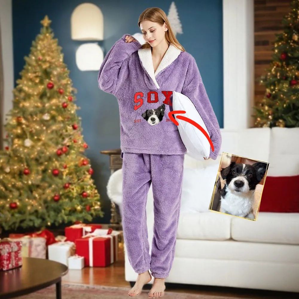 Custom Dog Flannel Pajamas Set with Pet's Face Personalized Embroidered Flannel Pajamas Set
