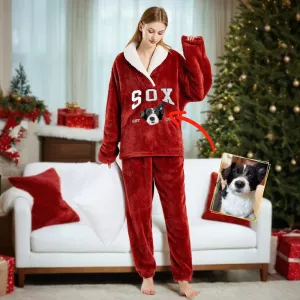 Custom Dog Flannel Pajamas Set with Pet's Face Personalized Embroidered Flannel Pajamas Set