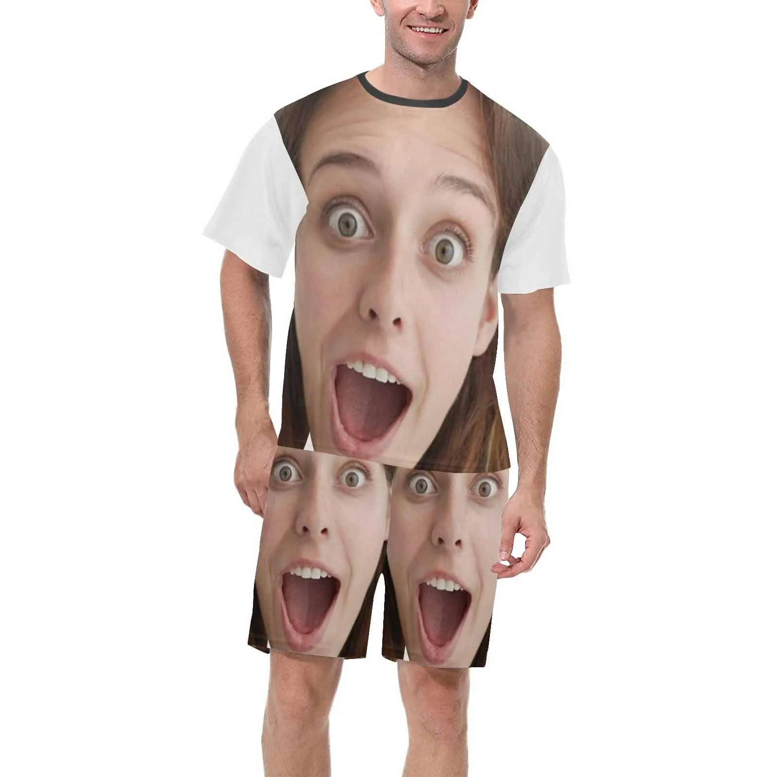 Custom Face Funny Emoji Pajamas Personalized Men's Crew Neck Short Sleeve Pajama Set