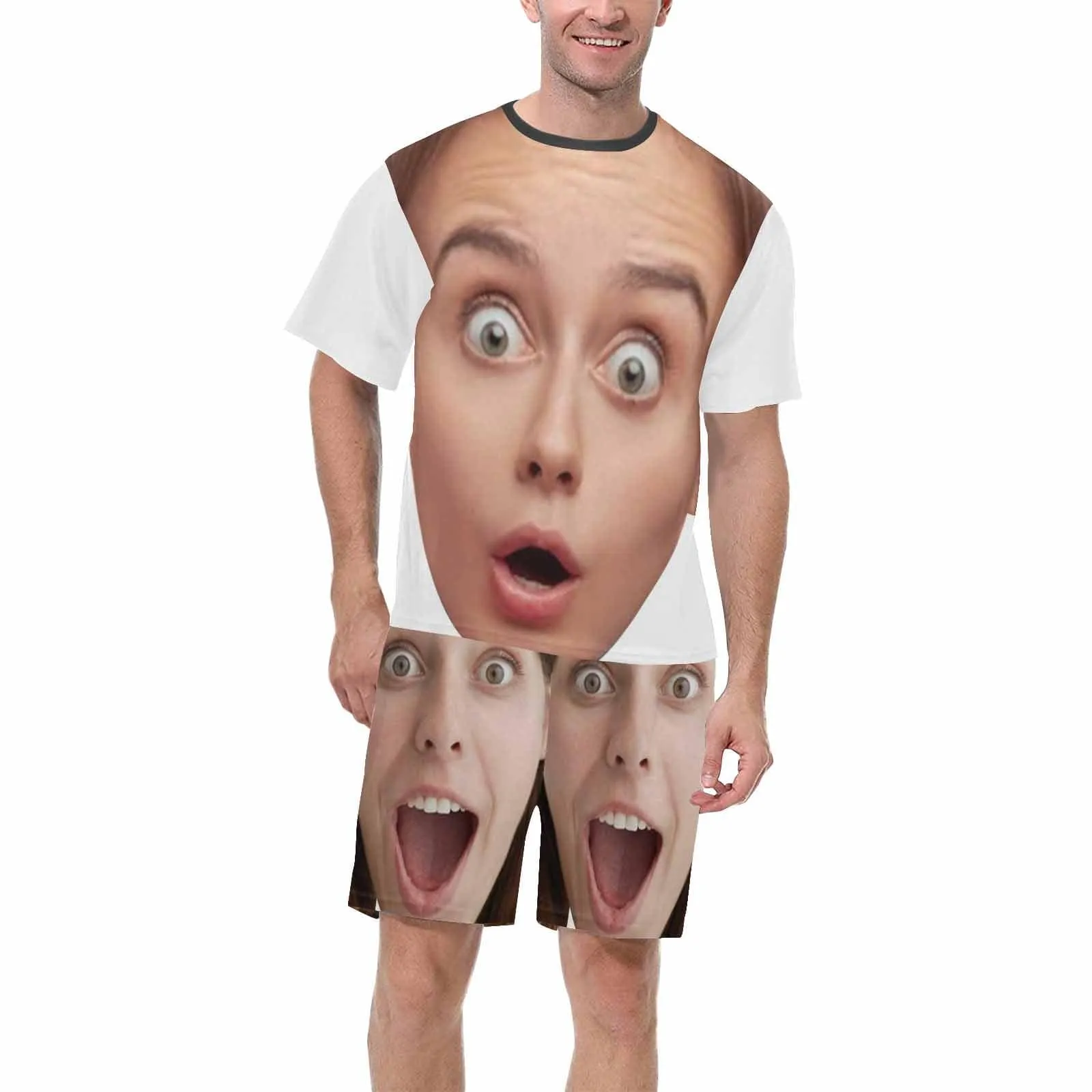 Custom Face Funny Emoji Pajamas Personalized Men's Crew Neck Short Sleeve Pajama Set