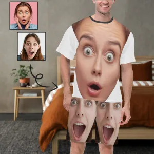 Custom Face Funny Emoji Pajamas Personalized Men's Crew Neck Short Sleeve Pajama Set