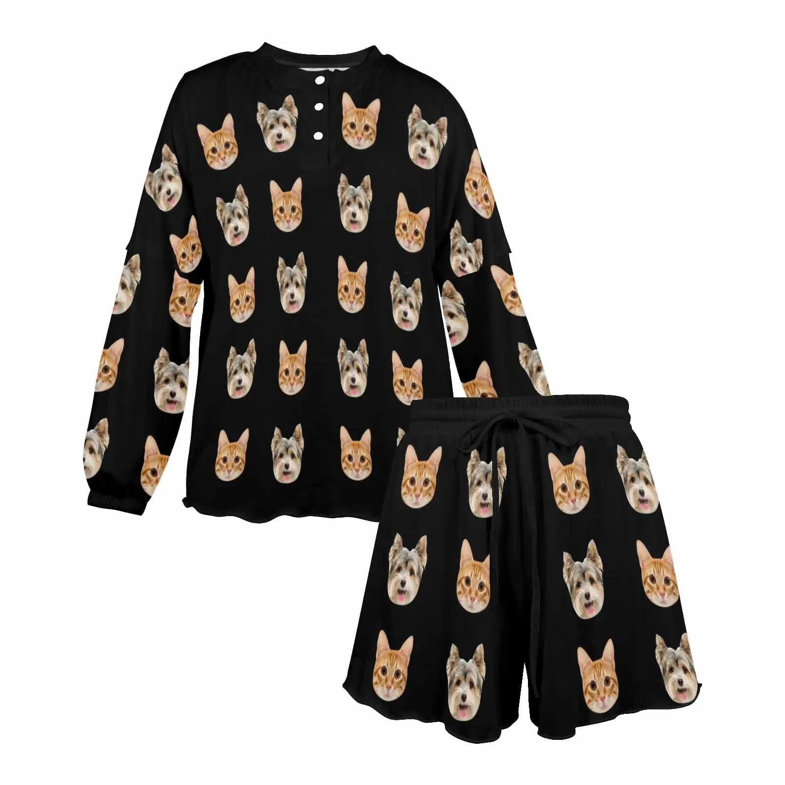 Custom Pets Faces Black Women's Long Sleeve Short Pajama Set