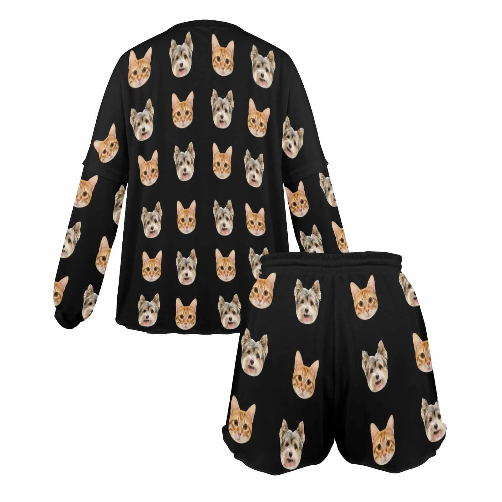 Custom Pets Faces Black Women's Long Sleeve Short Pajama Set