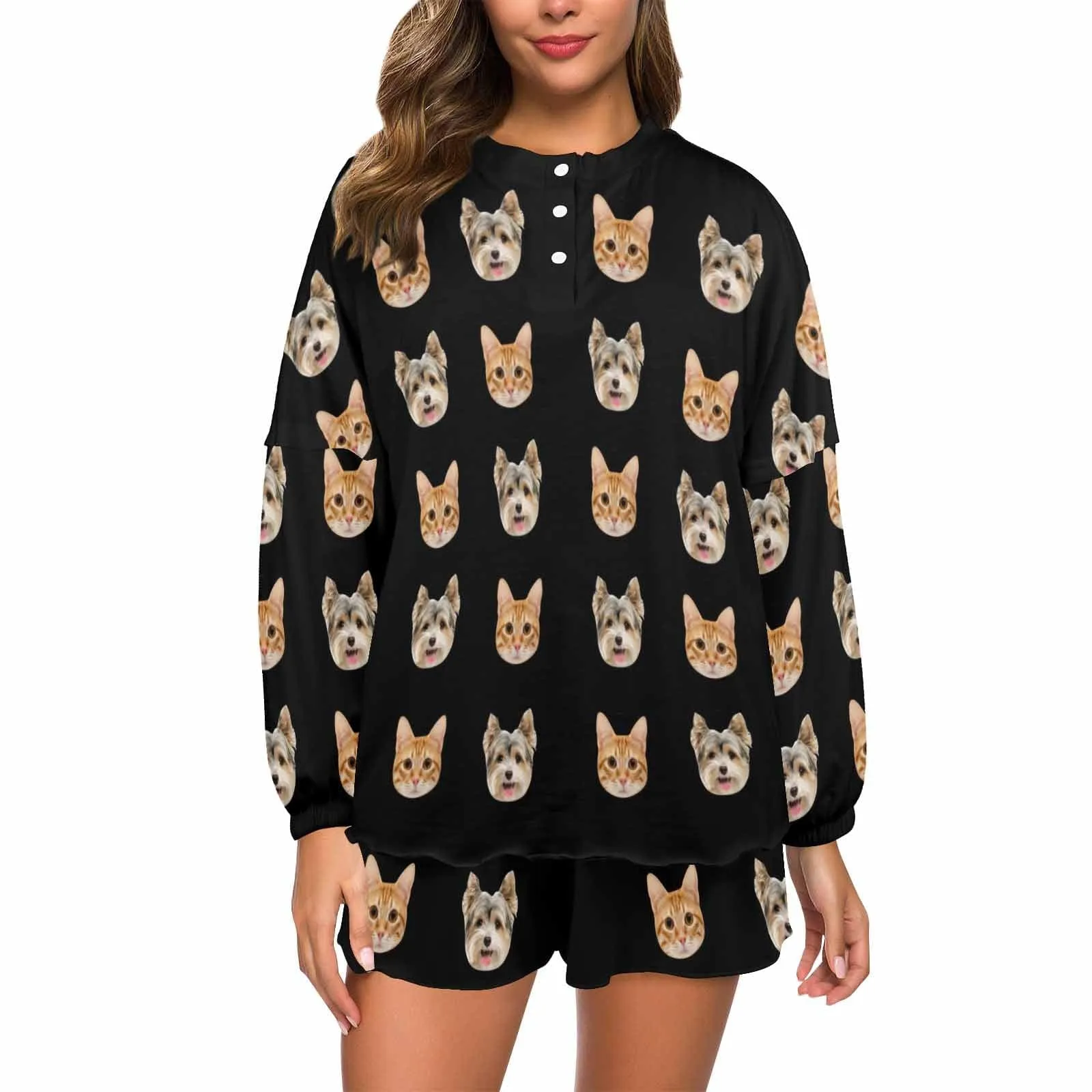 Custom Pets Faces Black Women's Long Sleeve Short Pajama Set