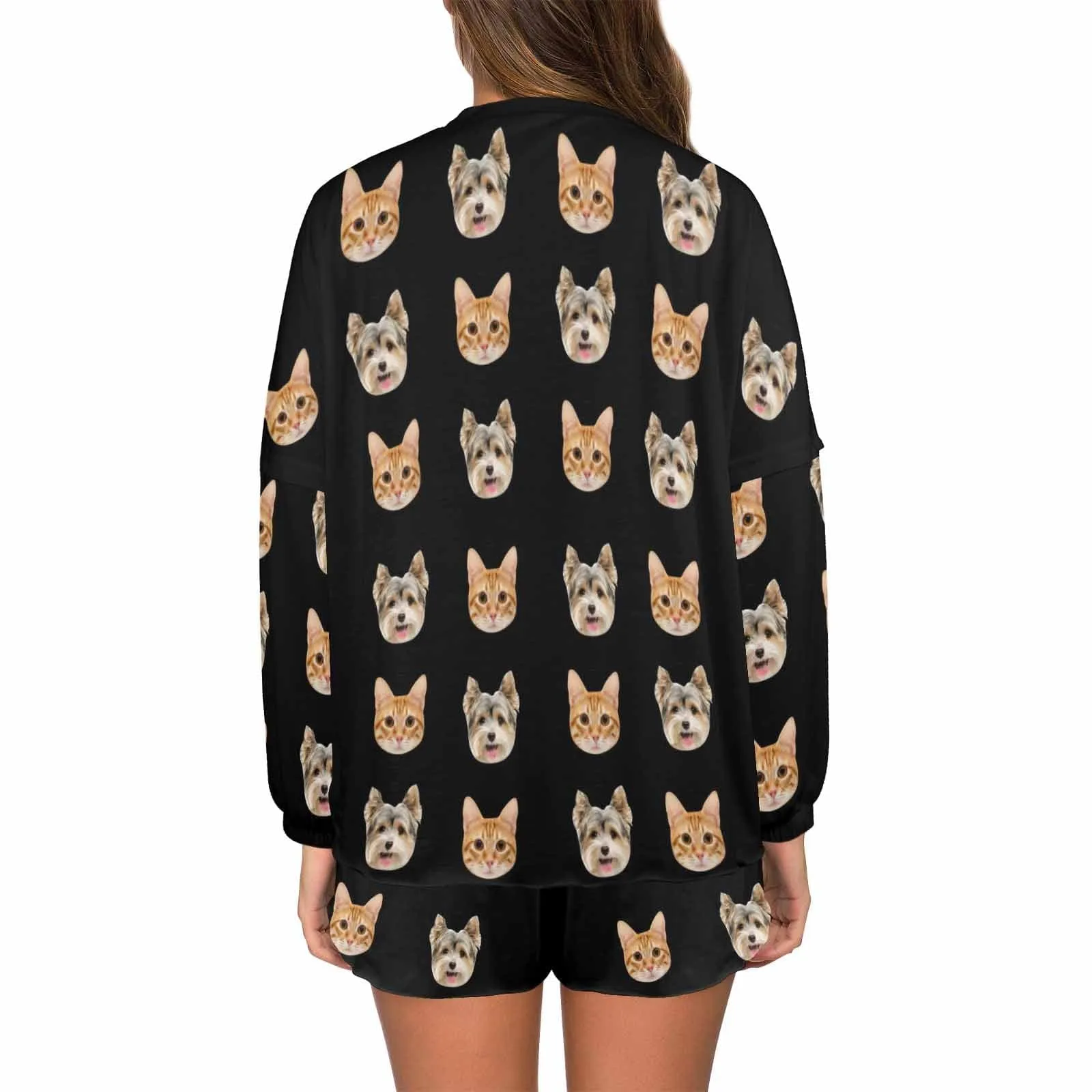 Custom Pets Faces Black Women's Long Sleeve Short Pajama Set