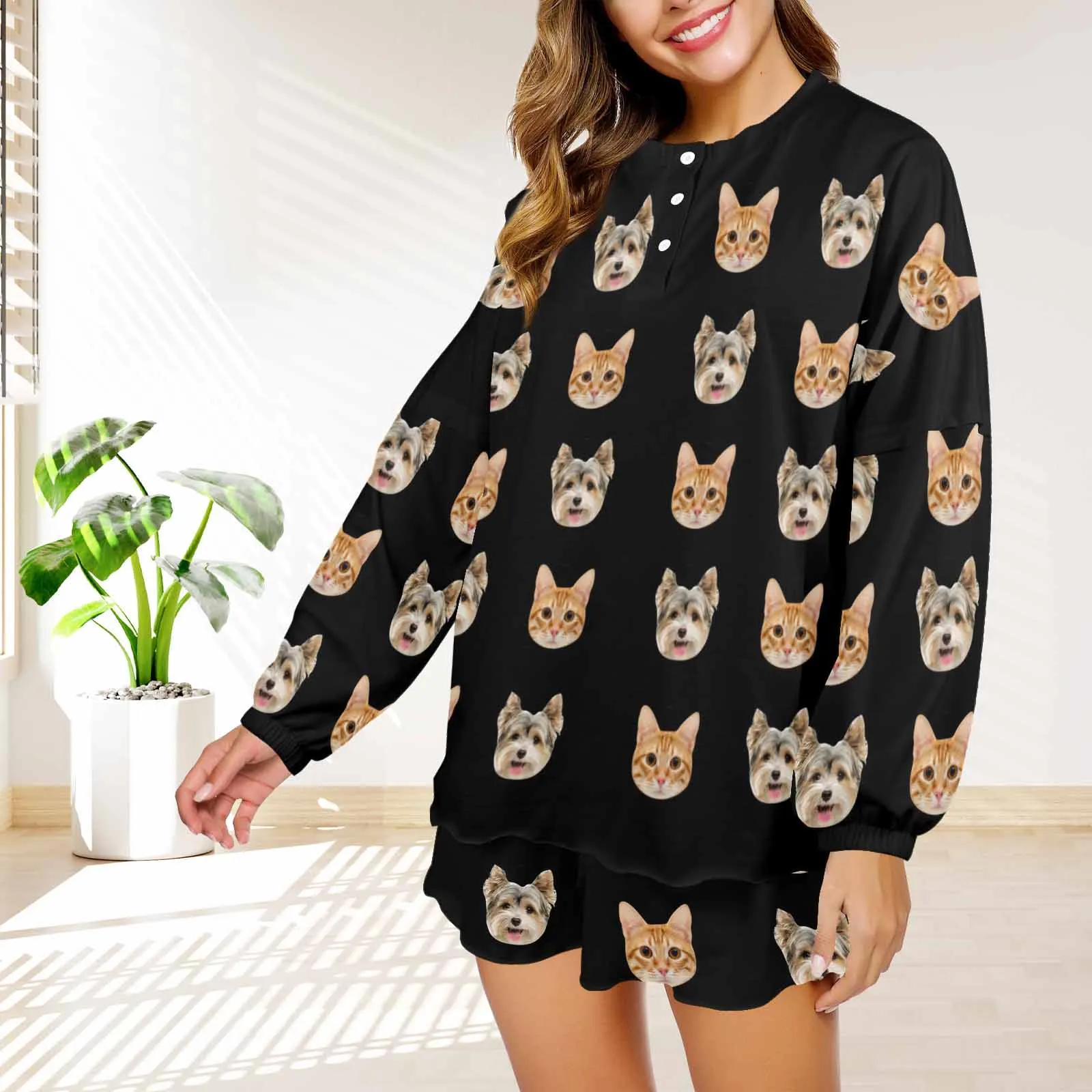 Custom Pets Faces Black Women's Long Sleeve Short Pajama Set