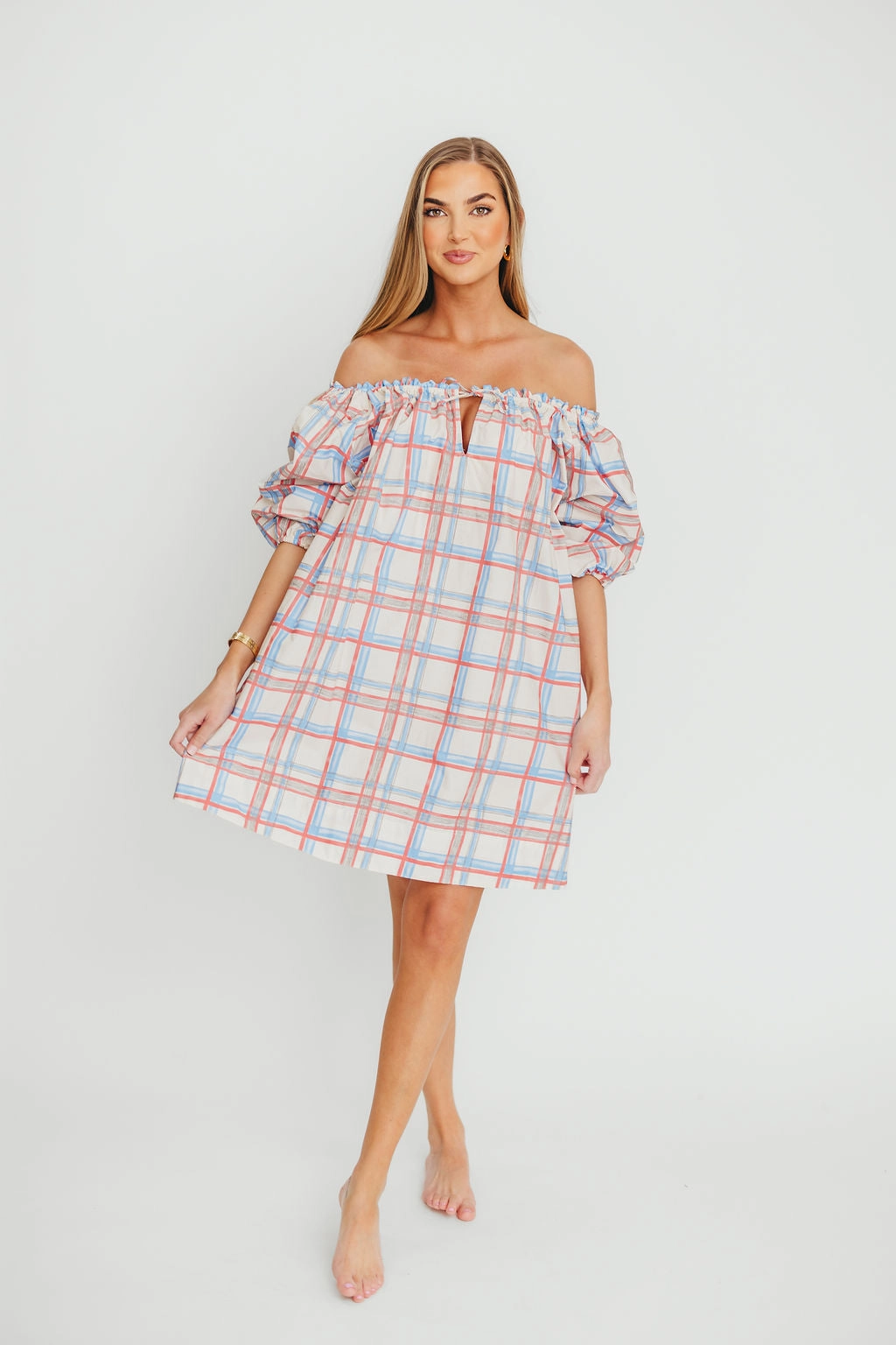 Inaya 100% Cotton Puff Sleeve Babydoll Mini Dress in Blue Multi *Final-Sale* Subtle pattern