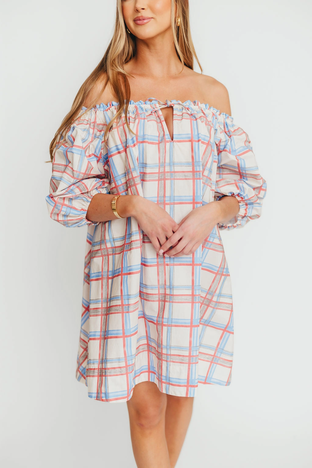 Soft Stretch Inaya 100% Cotton Puff Sleeve Babydoll Mini Dress in Blue Multi *Final-Sale*