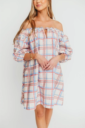 Soft Stretch Inaya 100% Cotton Puff Sleeve Babydoll Mini Dress in Blue Multi *Final-Sale*