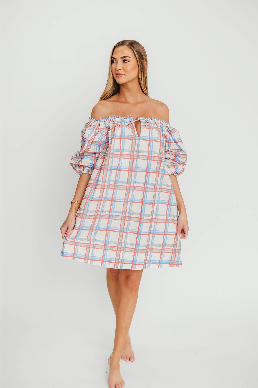 Sheer Panel Inaya 100% Cotton Puff Sleeve Babydoll Mini Dress in Blue Multi *Final-Sale*