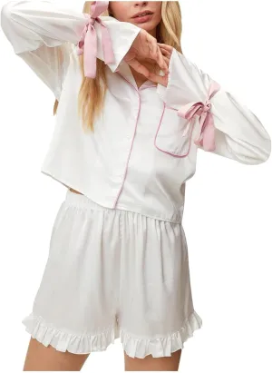 Cute Bow Pajamas for Women Teen 2 Piece Y2k Pjs Sets Soft Comfy Bow Tie Ruffle Shorts and Long Sleeve Shirts Pajama Set