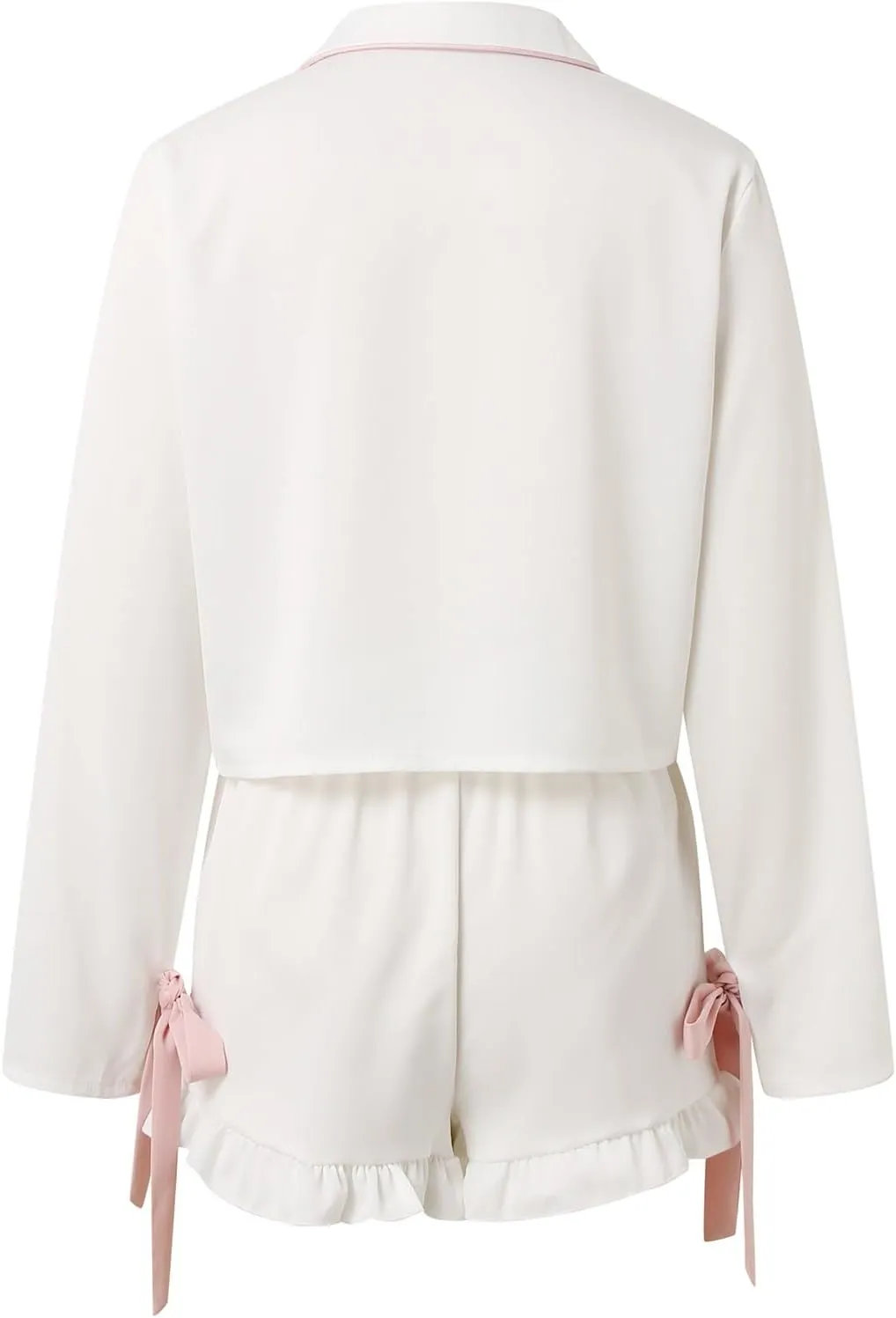 Cute Bow Pajamas for Women Teen 2 Piece Y2k Pjs Sets Soft Comfy Bow Tie Ruffle Shorts and Long Sleeve Shirts Pajama Set
