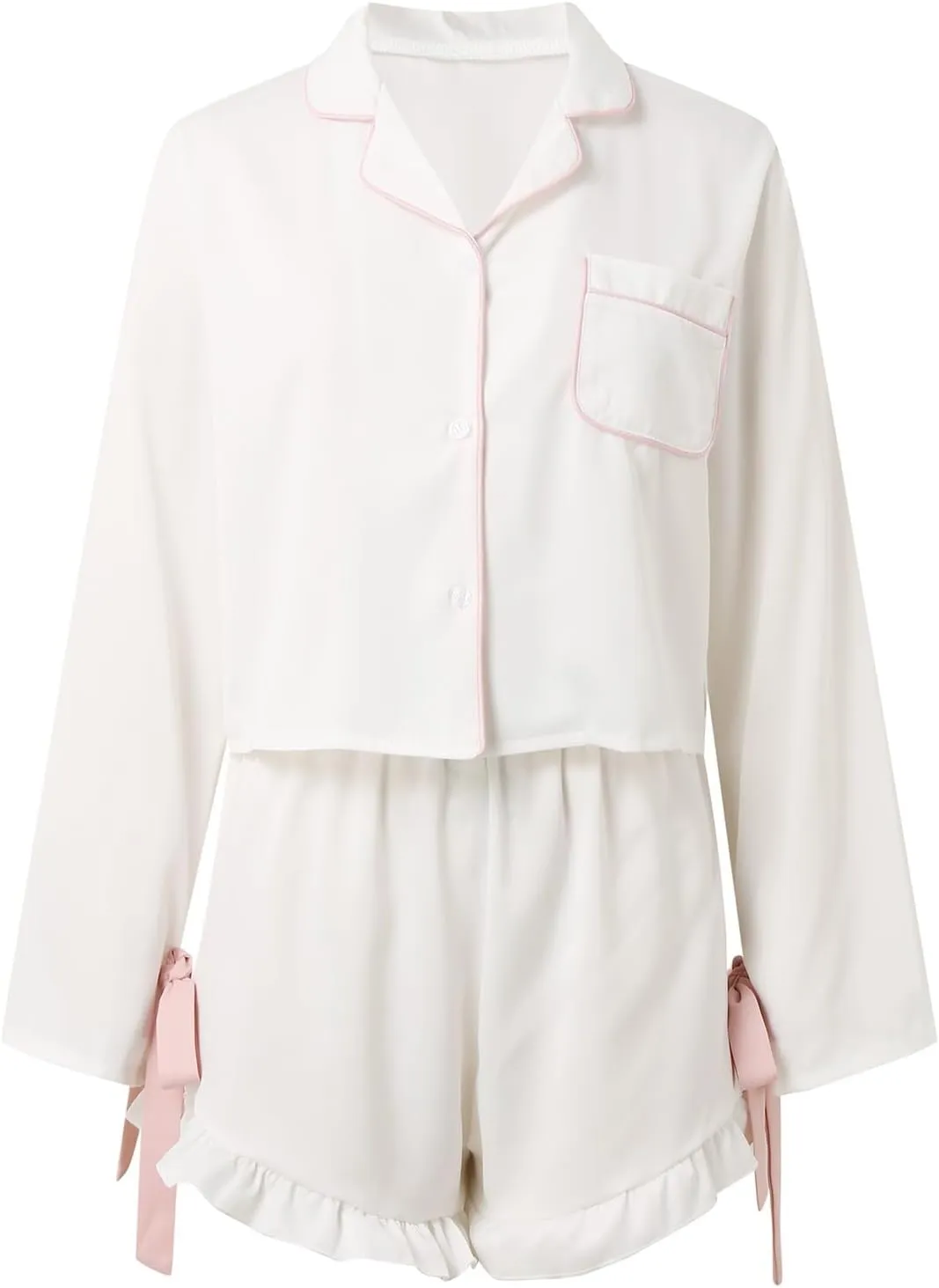 Cute Bow Pajamas for Women Teen 2 Piece Y2k Pjs Sets Soft Comfy Bow Tie Ruffle Shorts and Long Sleeve Shirts Pajama Set