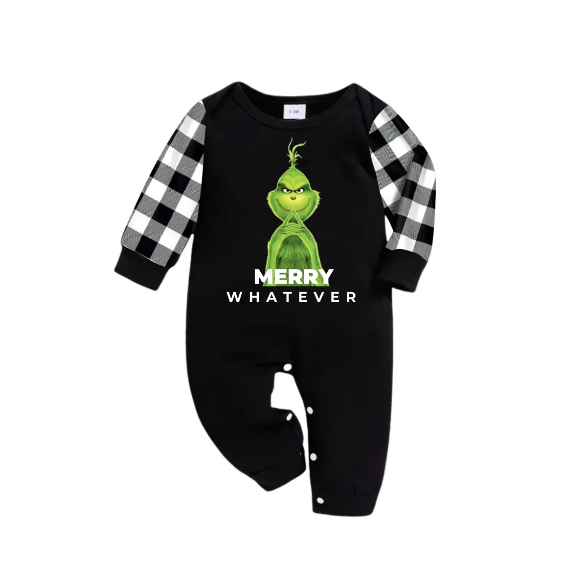 Cute Cartoon Pattern and "Merry Whatever" Slogan Printed Black and White Plaid Family Matching Pajamas