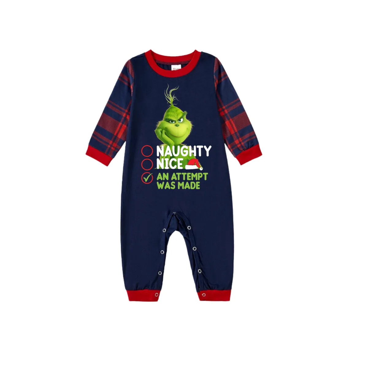 Cute Cartoon Pattern and Slogan Text Printed Red and Blue Plaid Christmas Matching Pajamas