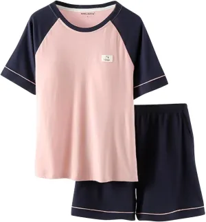 Cute Color Block Cotton Pajama Sets Women 2 Piece Built-in Bra Soft Sleepwear Short Sleeve T-Shirt and Shorts Outfit