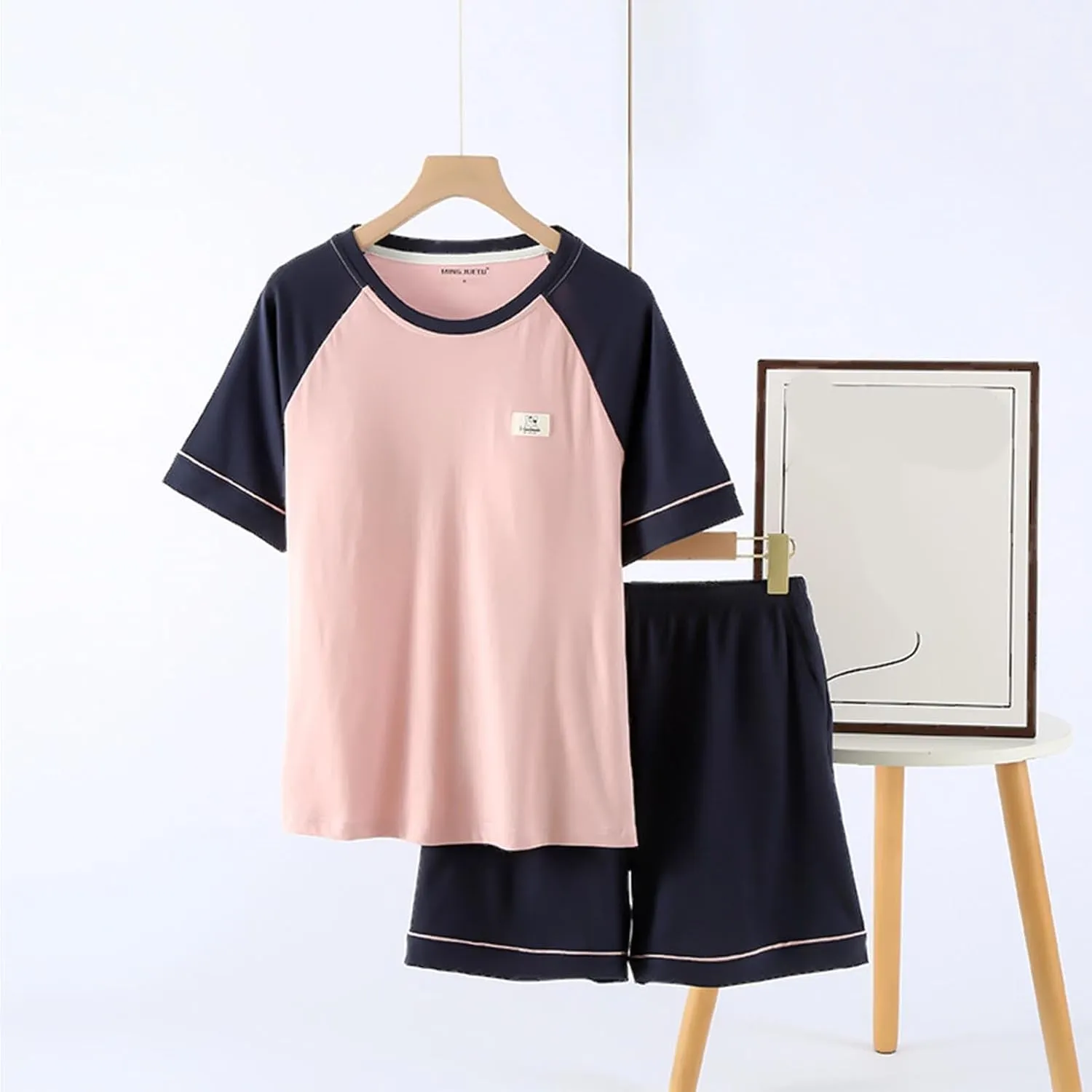 Cute Color Block Cotton Pajama Sets Women 2 Piece Built-in Bra Soft Sleepwear Short Sleeve T-Shirt and Shorts Outfit