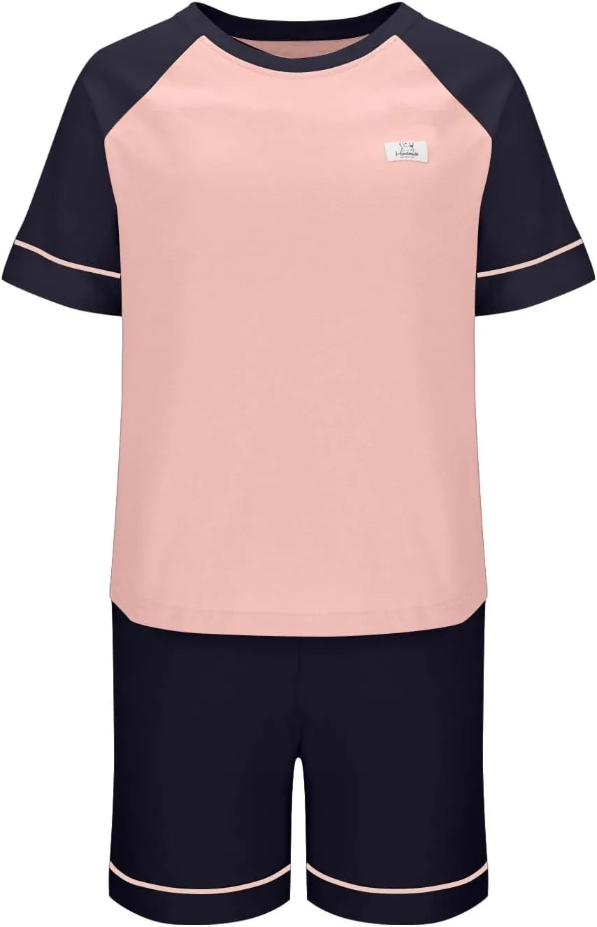 Cute Color Block Cotton Pajama Sets Women 2 Piece Built-in Bra Soft Sleepwear Short Sleeve T-Shirt and Shorts Outfit