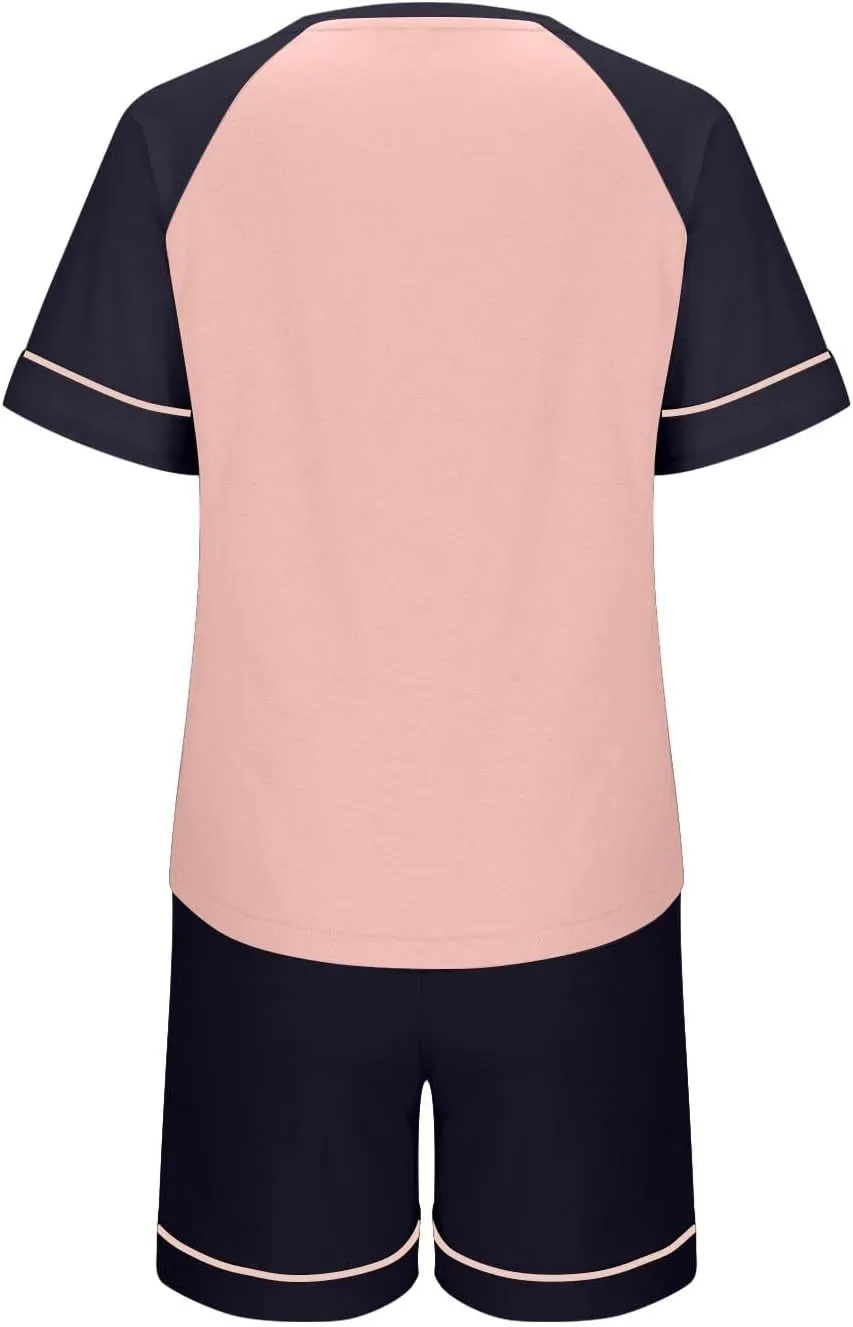 Cute Color Block Cotton Pajama Sets Women 2 Piece Built-in Bra Soft Sleepwear Short Sleeve T-Shirt and Shorts Outfit