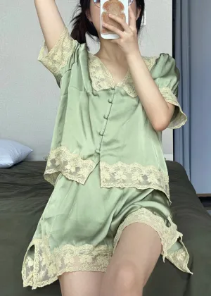 Cute Green V Neck Lace Patchwork Ice Silk Pajamas Two Piece Set Summer TO1049