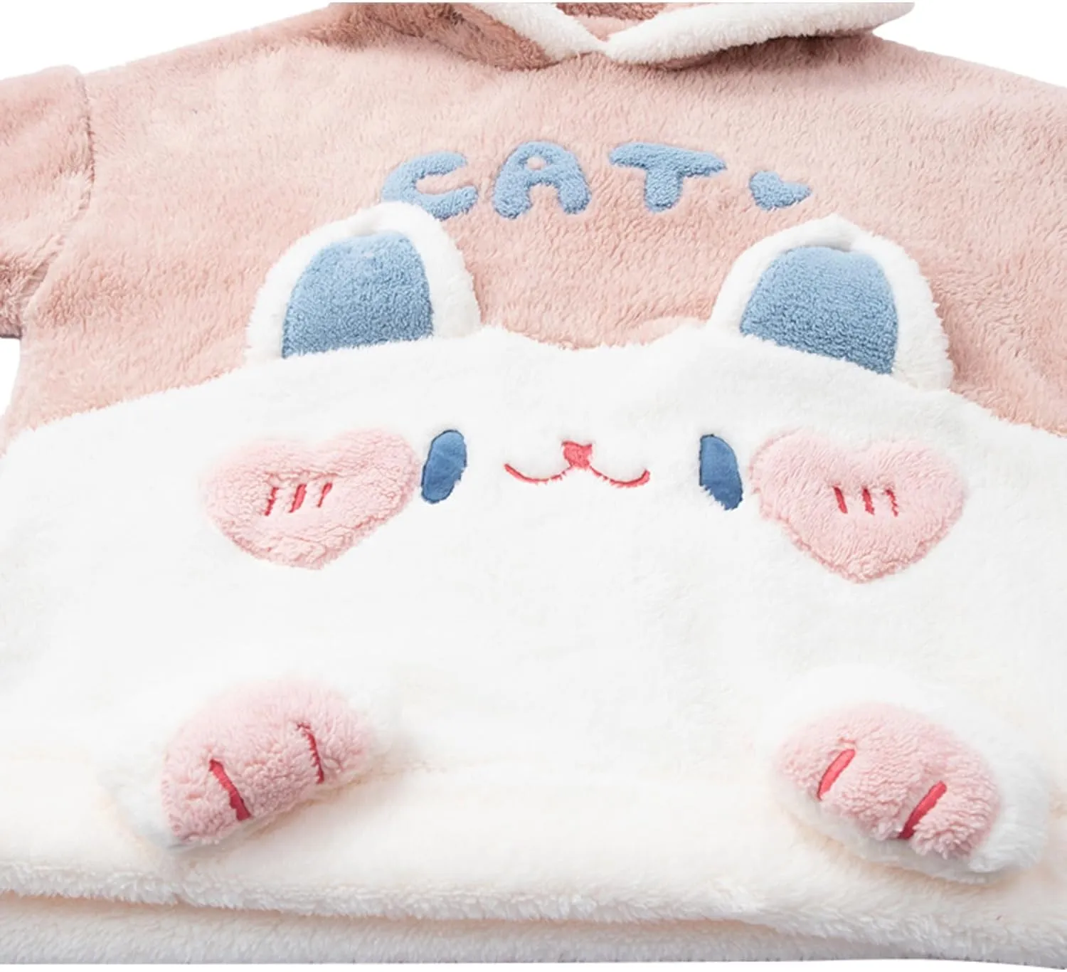 Cute Pajama Sets for Women Flannel Cat Cartoon Sleep Tops with Fleece Pajamas Pants Lounge Pjs Set Fuzzy Sleepwear